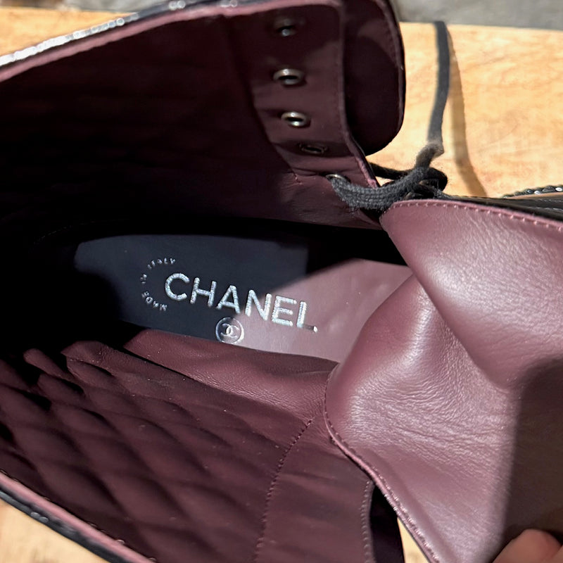 Branded insole of Chanel Back Glossy Pearl Chain Embellished Combat Boots