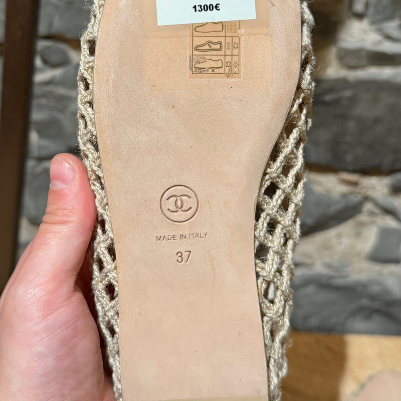Branded outsole of Chanel Beige Jute Braided Cord CC Loafers