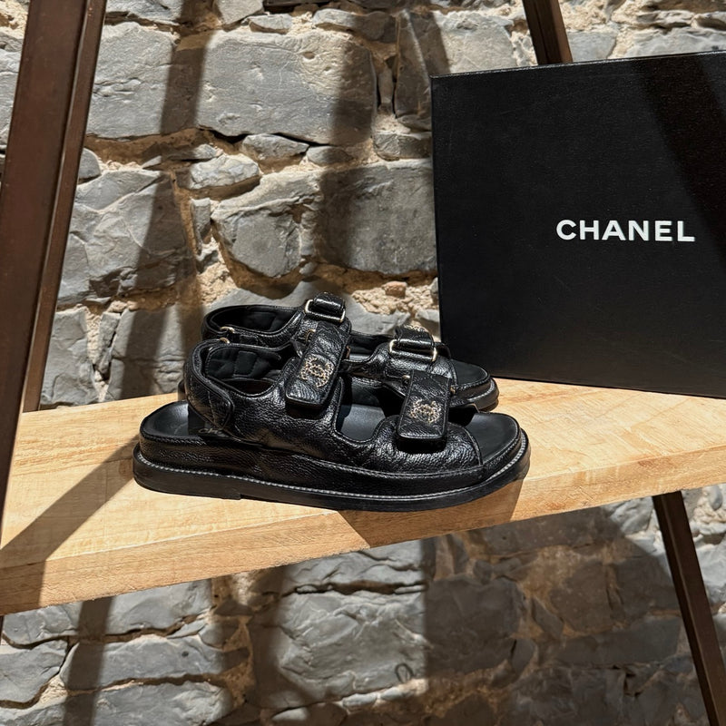 Main photo of Chanel Black Caviar Leather CC Dad Slingback Sandals