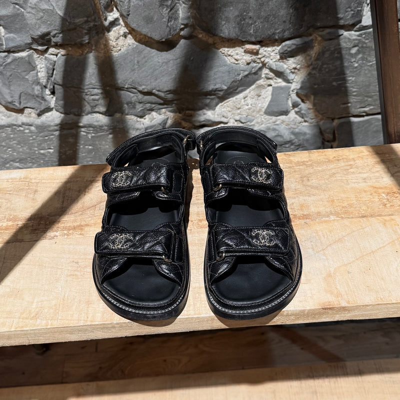 Top view of Chanel Black Caviar Leather CC Dad Slingback Sandals