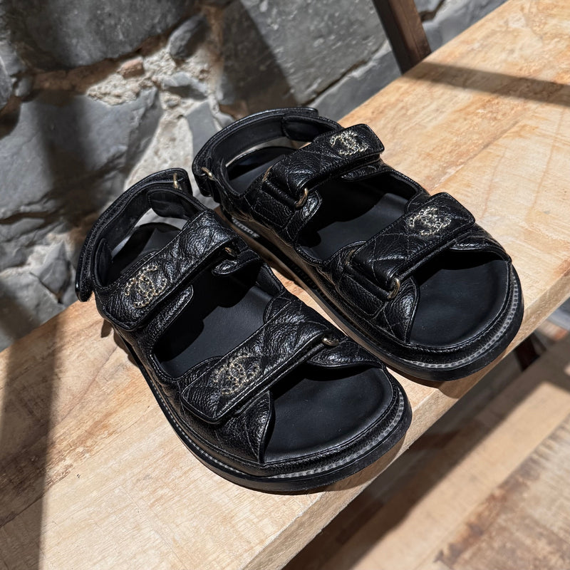 Top view of Chanel Black Caviar Leather CC Dad Slingback Sandals