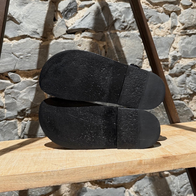 Branded outsole of Chanel Black Caviar Leather CC Dad Slingback Sandals