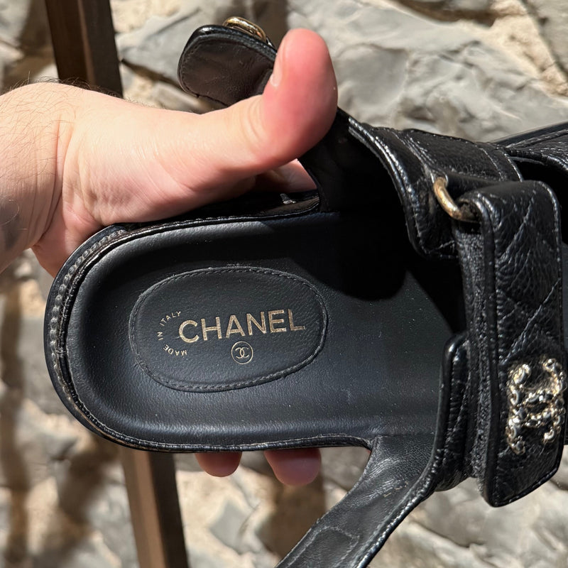 Branded insole of Chanel Black Caviar Leather CC Dad Slingback Sandals