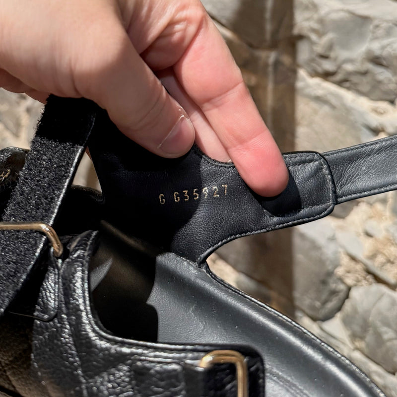 Stamps of Chanel Black Caviar Leather CC Dad Slingback Sandals