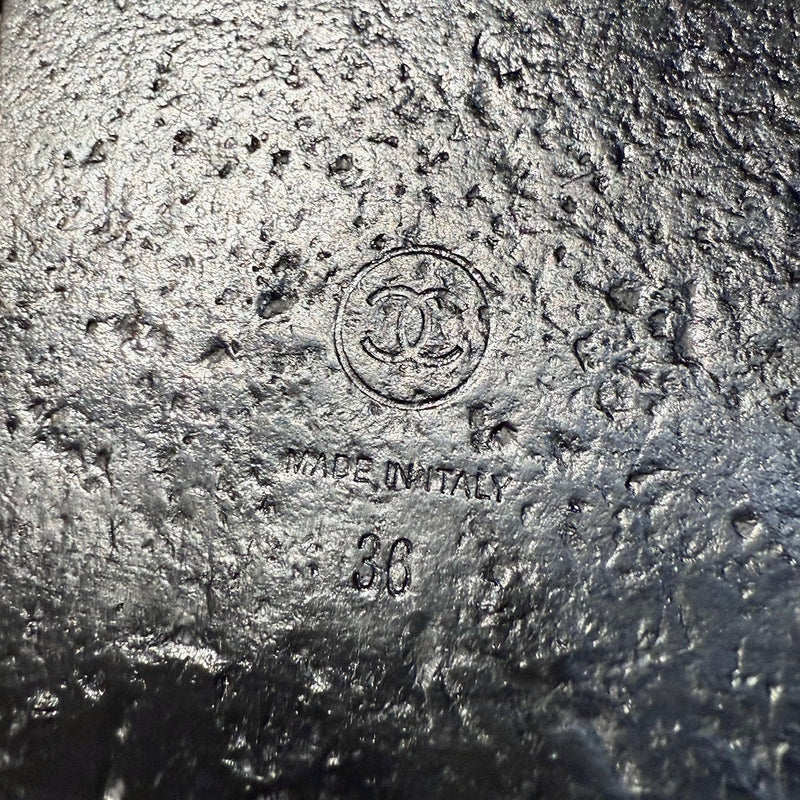 Stamps of Chanel Black Caviar Leather CC Dad Slingback Sandals