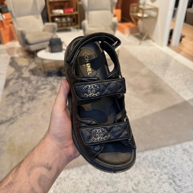 Top view of Chanel Black Caviar Leather CC Dad Slingback Sandals