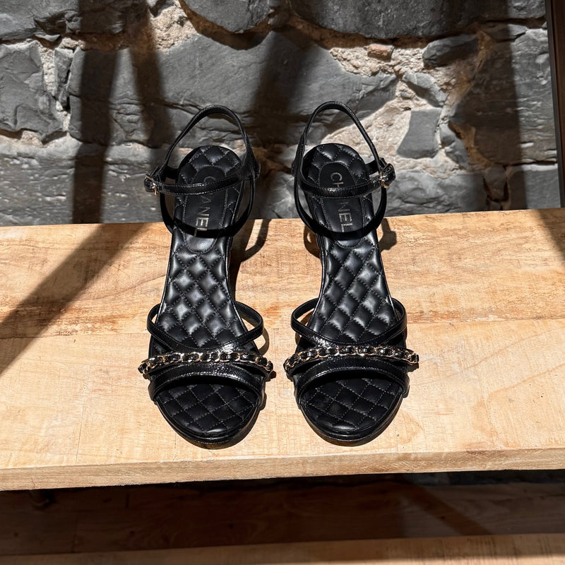 Top view of Chanel Black Crumpled Leather Chain Accent Quilted Wedge Sandals