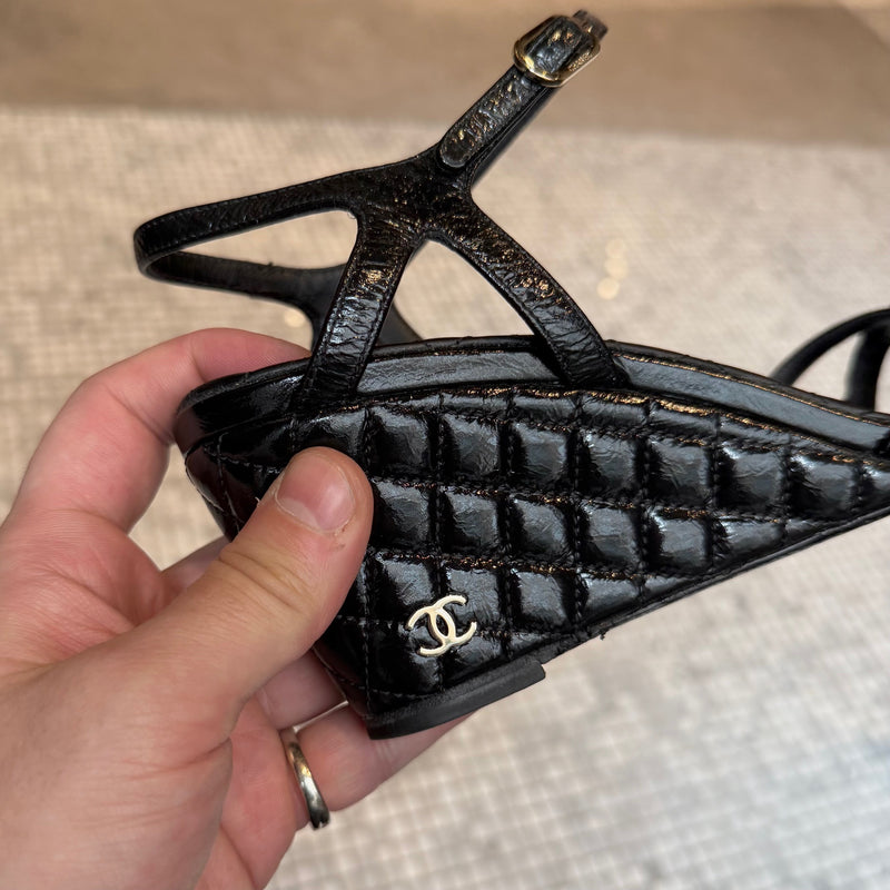 Branding on Chanel Black Crumpled Leather Chain Accent Quilted Wedge Sandals