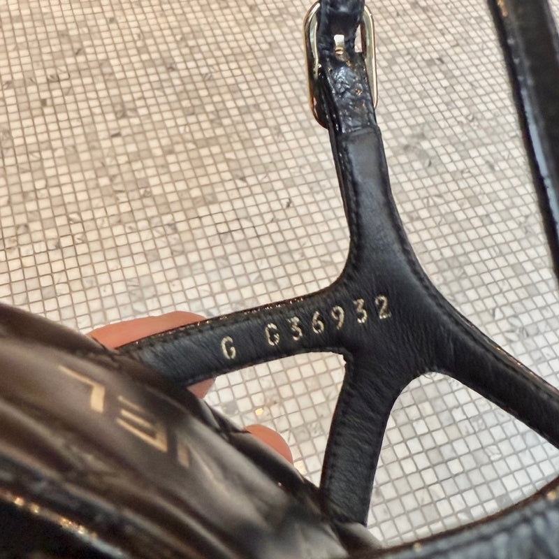 Stamps of Chanel Black Crumpled Leather Chain Accent Quilted Wedge Sandals