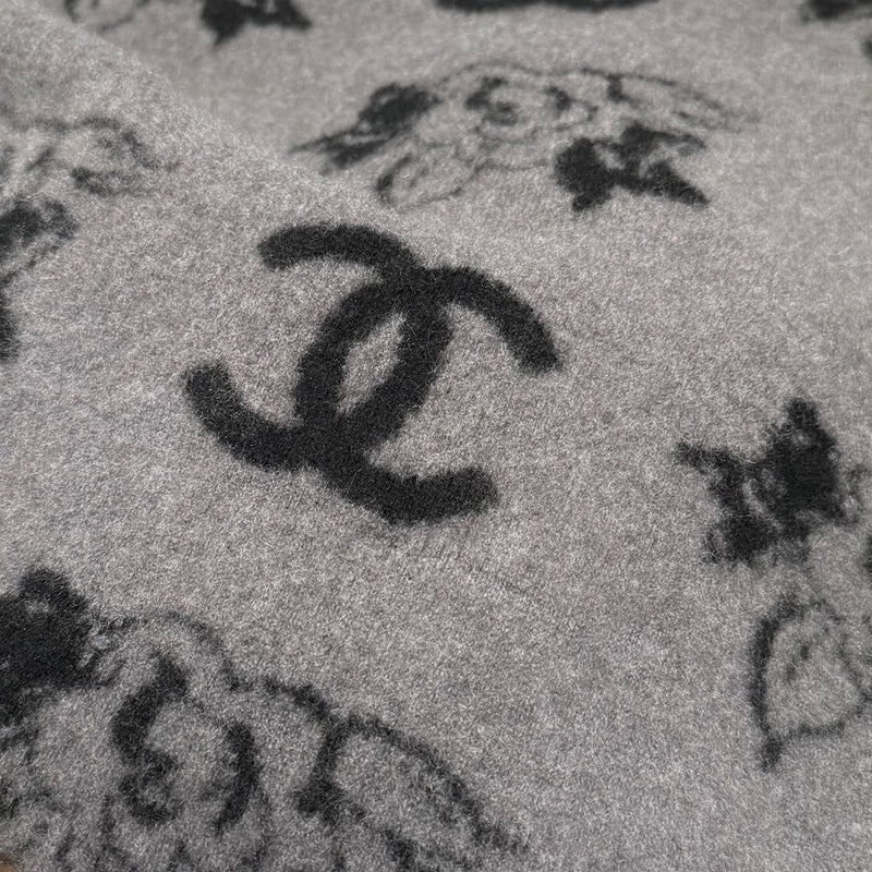 Chanel Black Grey CC Camelia Intersia Rectangular Cashmere Scarf