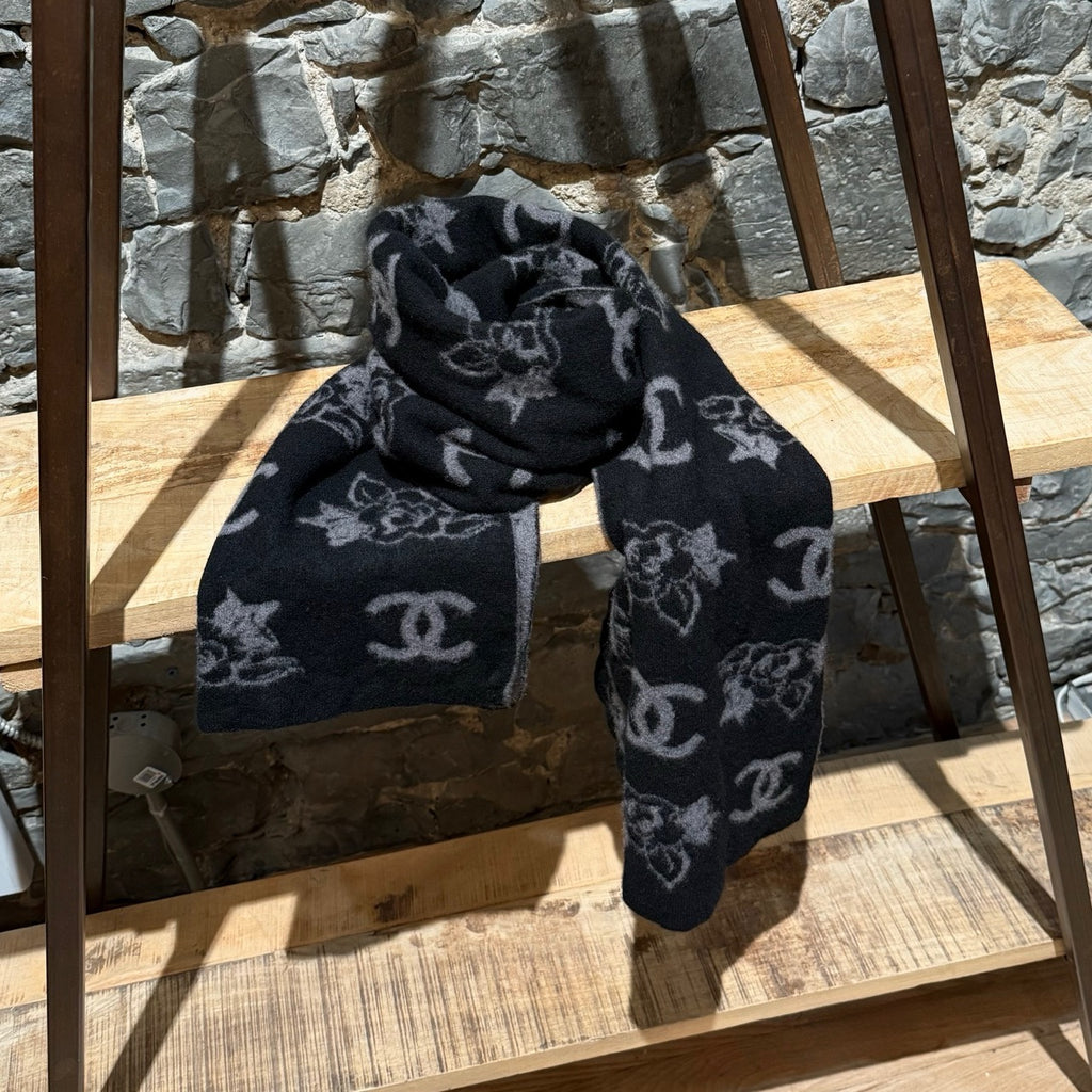 Chanel Black Grey CC Camelia Intersia Rectangular Cashmere Scarf