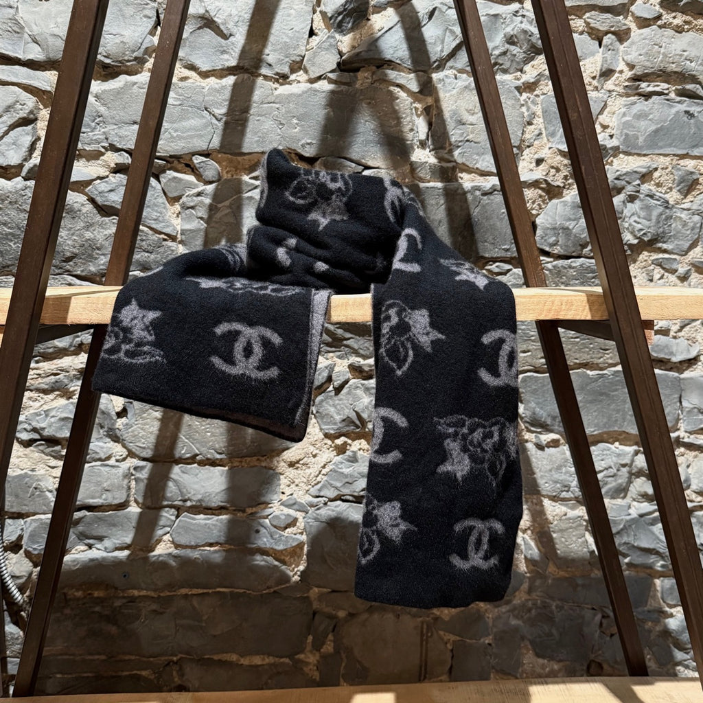 Chanel Black Grey CC Camelia Intersia Rectangular Cashmere Scarf
