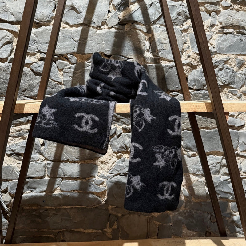 Chanel Black Grey CC Camelia Intersia Rectangular Cashmere Scarf
