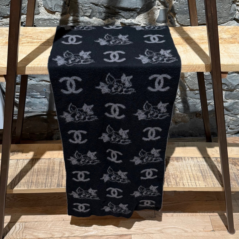 Chanel Black Grey CC Camelia Intersia Rectangular Cashmere Scarf