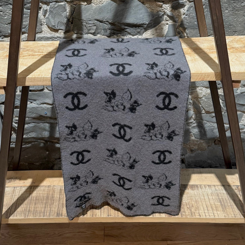 Chanel Black Grey CC Camelia Intersia Rectangular Cashmere Scarf