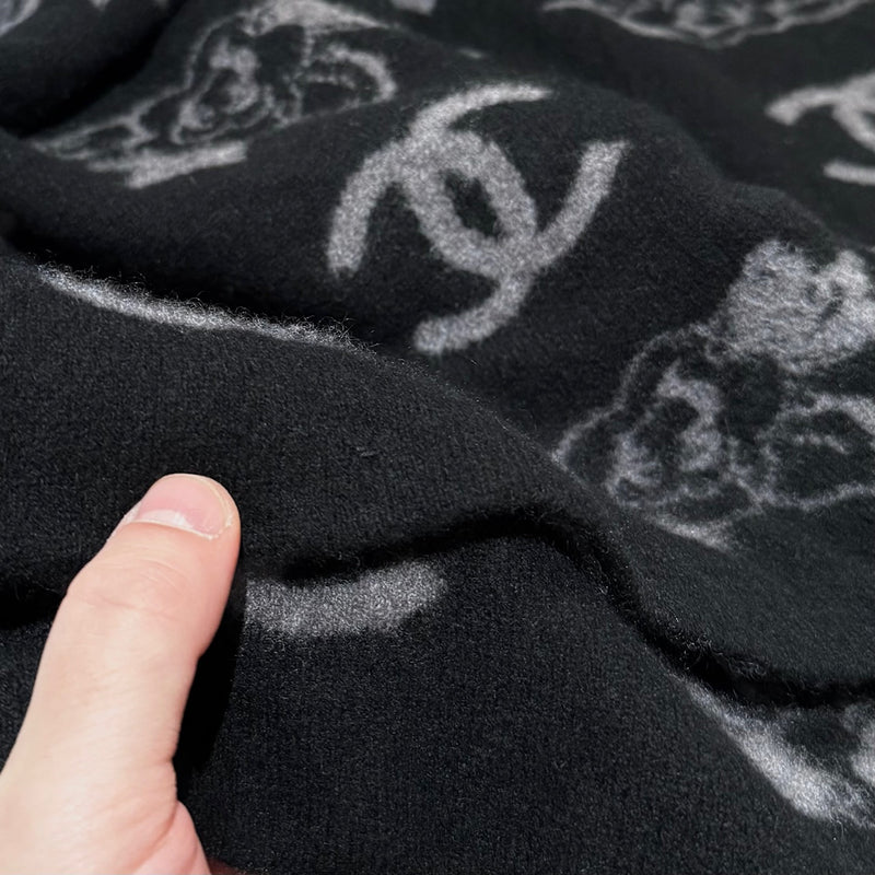 Chanel Black Grey CC Camelia Intersia Rectangular Cashmere Scarf