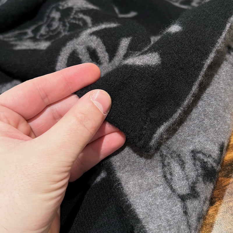 Chanel Black Grey CC Camelia Intersia Rectangular Cashmere Scarf