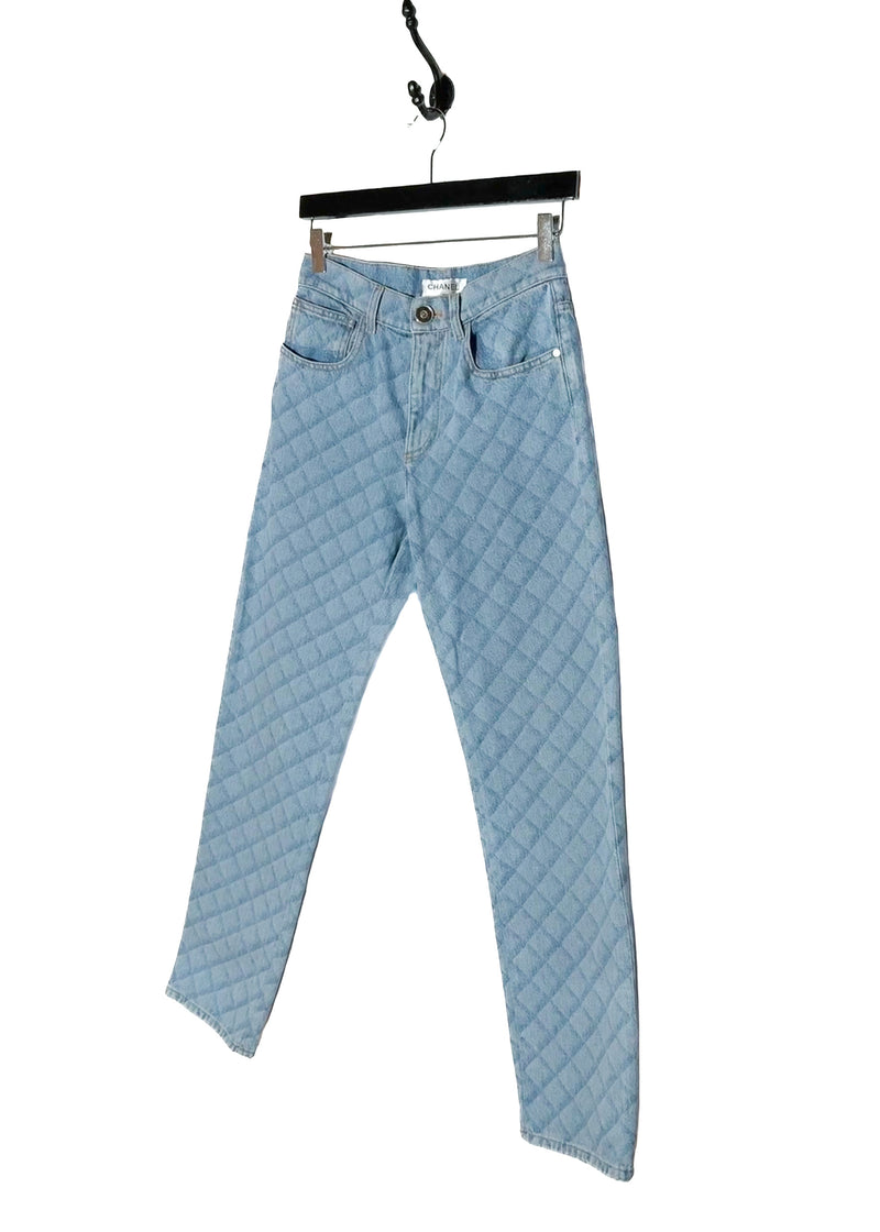 Front side of Chanel 2022 Blue Quilted Pattern High Waisted Jeans