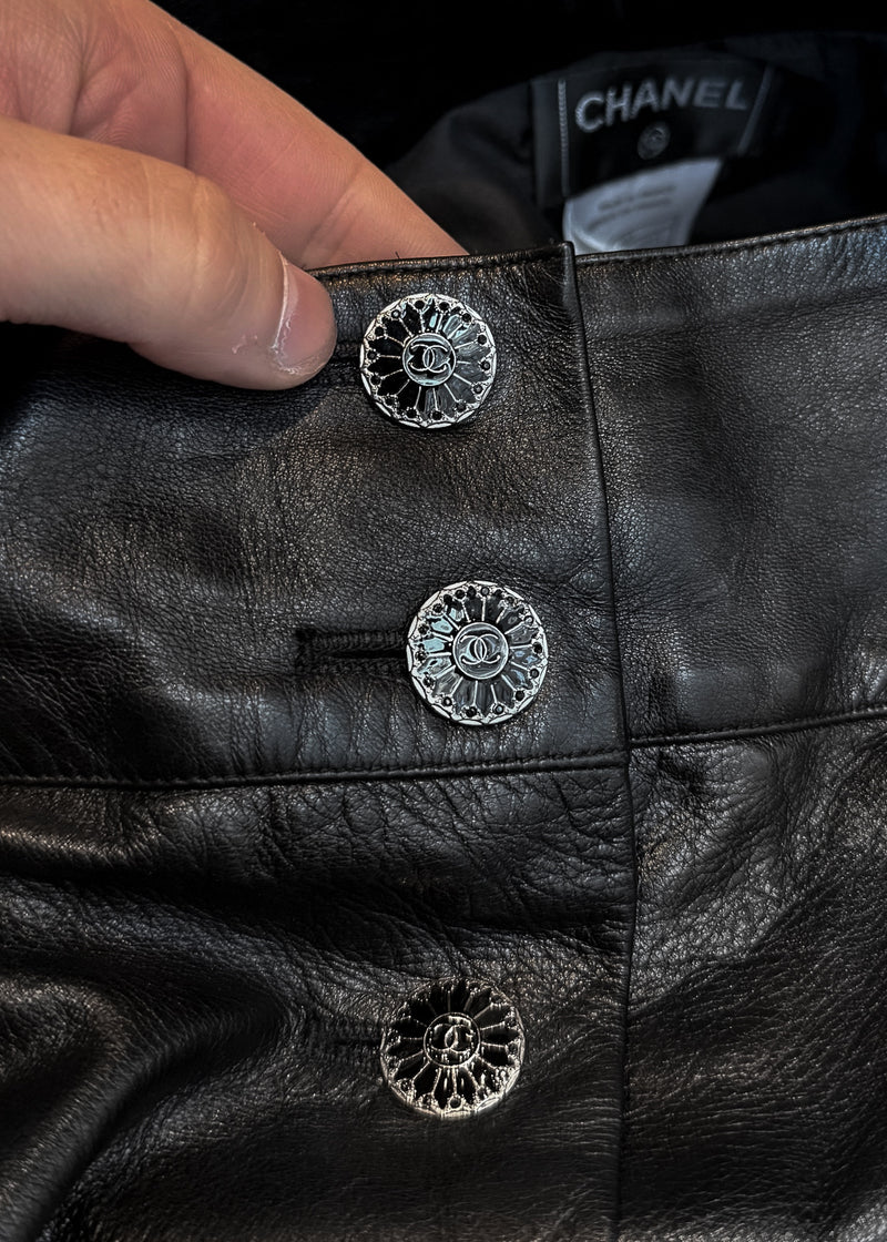 Chanel FW06 Runway Black Leather CC Buttons Mini Skirt