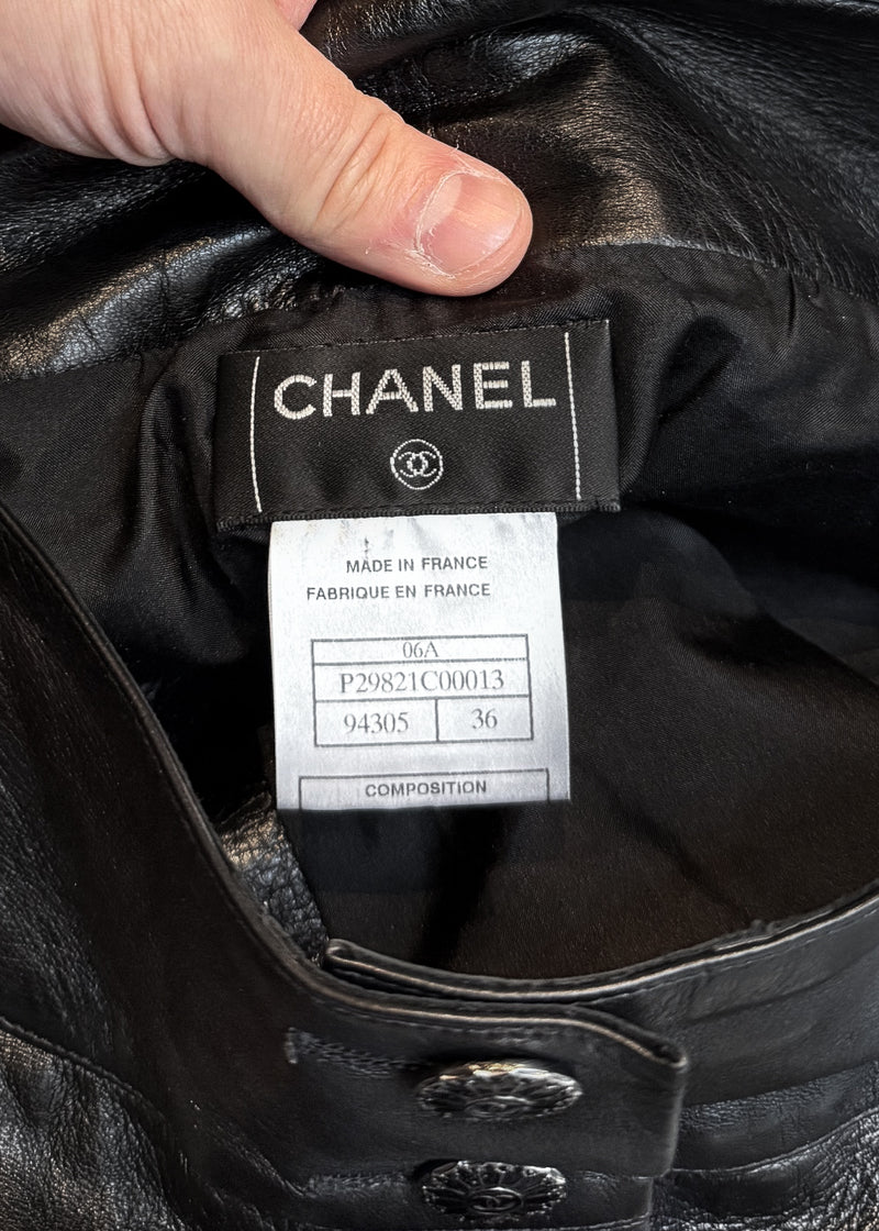 Chanel FW06 Runway Black Leather CC Buttons Mini Skirt