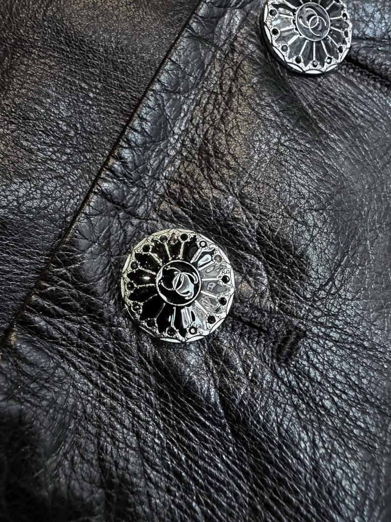 Chanel FW06 Runway Black Leather CC Buttons Mini Skirt