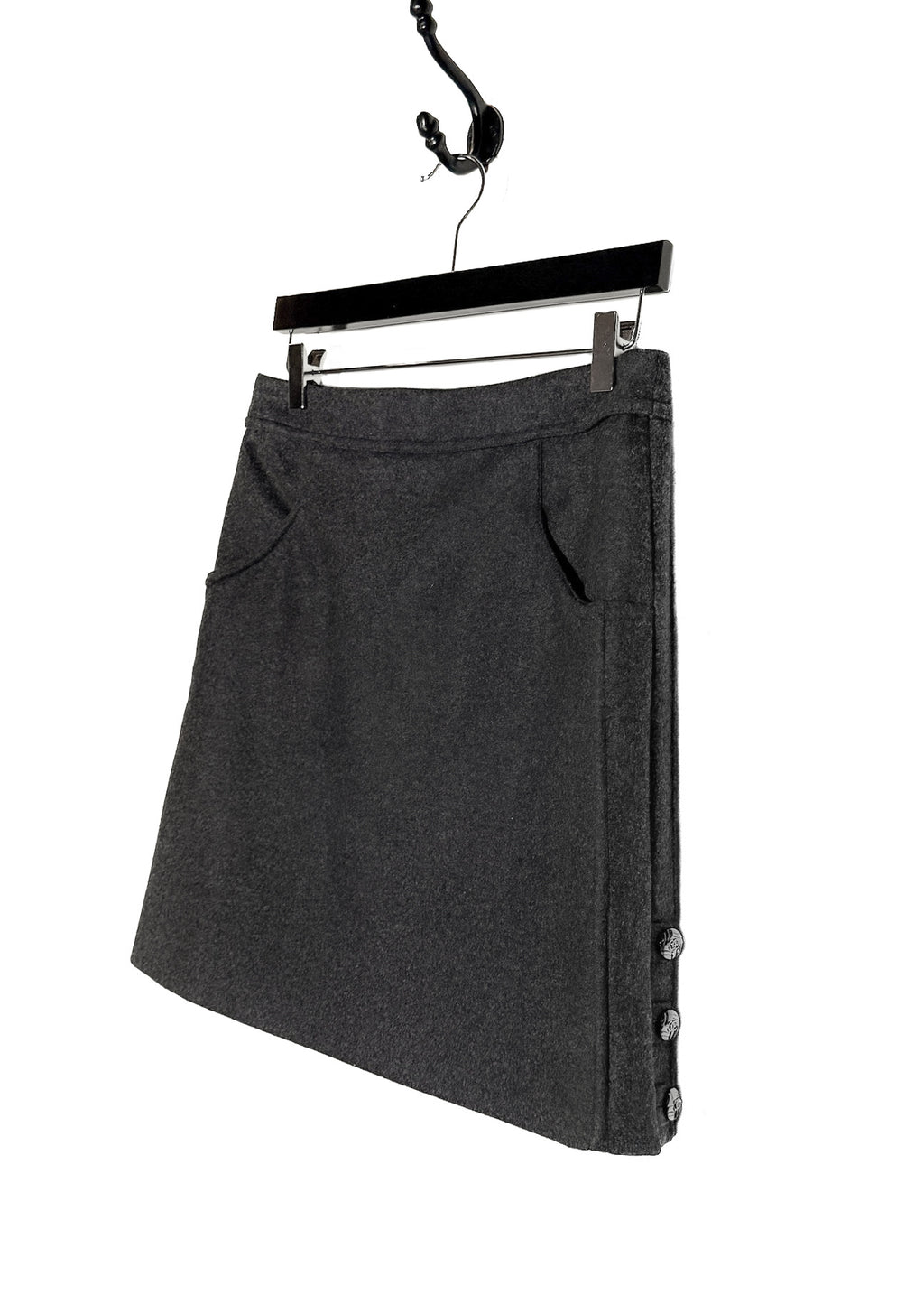 Side front view of Chanel FW11 Charcoal Flannel Button Accent Mini Skirt