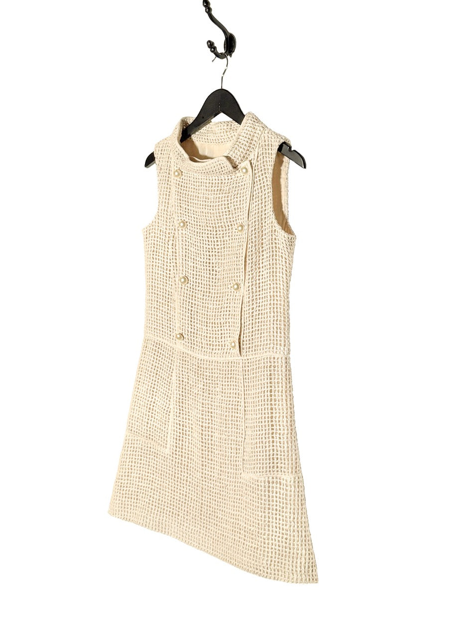 Side front view of Chanel SS13 Ivory Open Knit Double Breasted Silk Sleeveless Dress