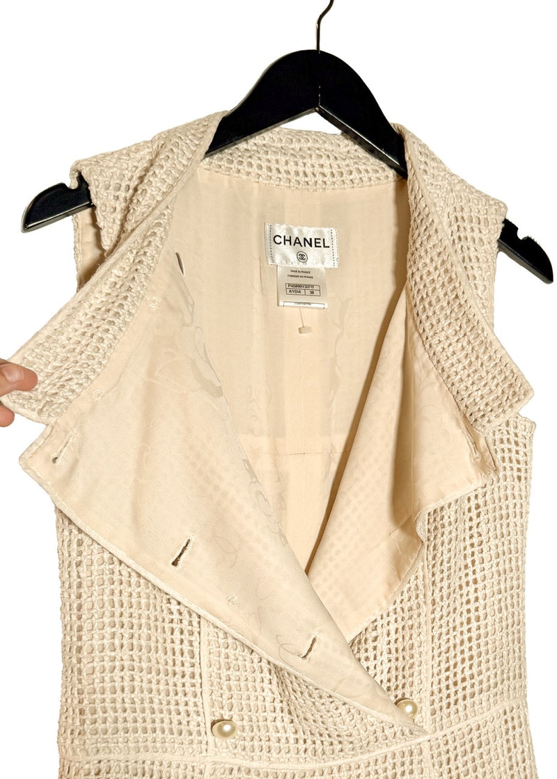 Collar area of Chanel SS13 Ivory Open Knit Double Breasted Silk Sleeveless Dress