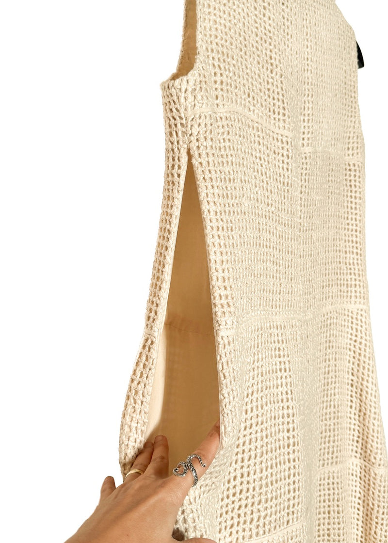 Slit of Chanel SS13 Ivory Open Knit Double Breasted Silk Sleeveless Dress