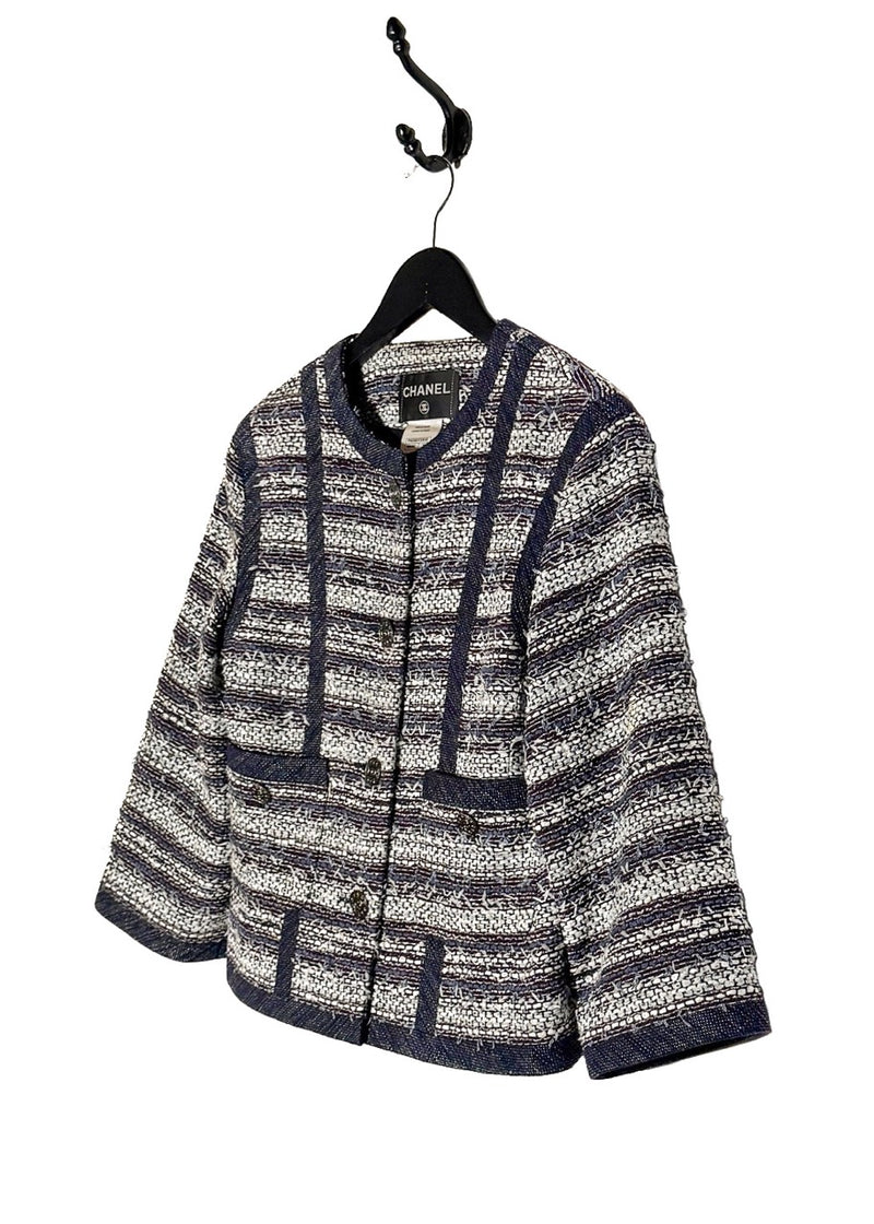 Side front view of Chanel SS13 Paris/Singapore Navy Blue White Tweed Jacket