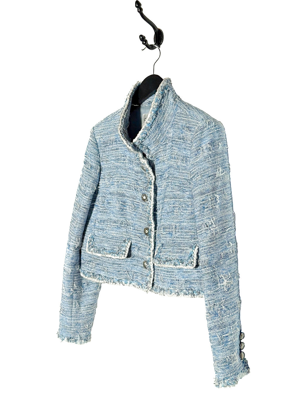 Side front view of Chanel SS15 Blue Fantasy Tweed Short Jacket