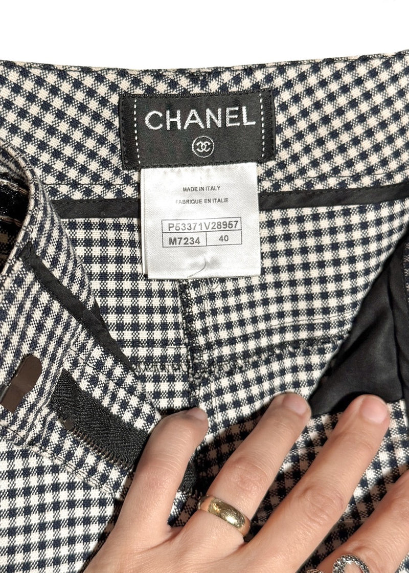 Labels of Chanel SS16 Navy Blue White Gingham Logo Waist Crop Trousers