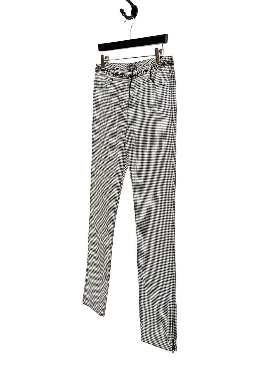 Side front view of Chanel SS16 Navy Blue White Gingham Logo Waist Crop Trousers