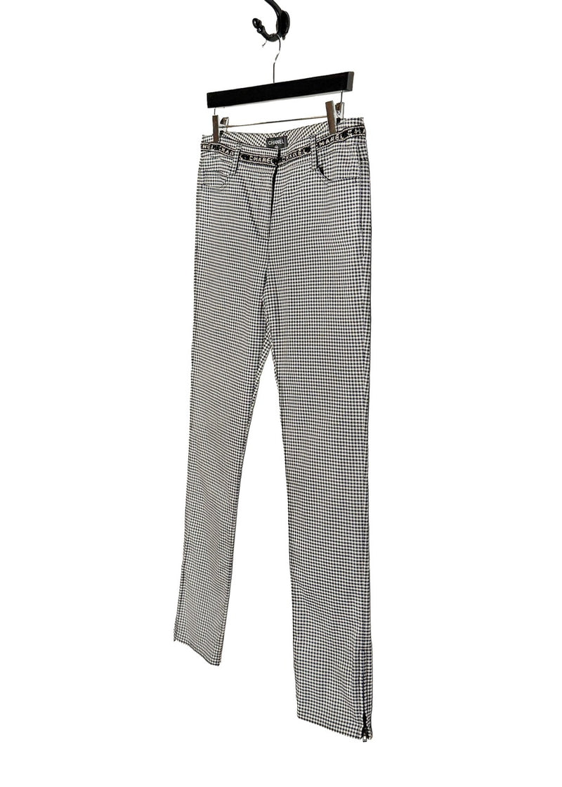 Side front view of Chanel SS16 Navy Blue White Gingham Logo Waist Crop Trousers