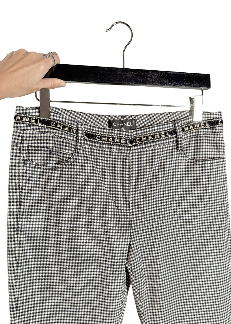 Waistband area of Chanel SS16 Navy Blue White Gingham Logo Waist Crop Trousers