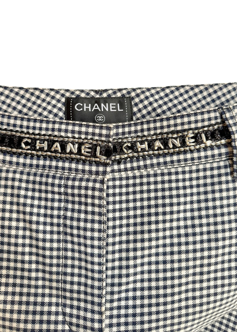 Branding on Chanel SS16 Navy Blue White Gingham Logo Waist Crop Trousers