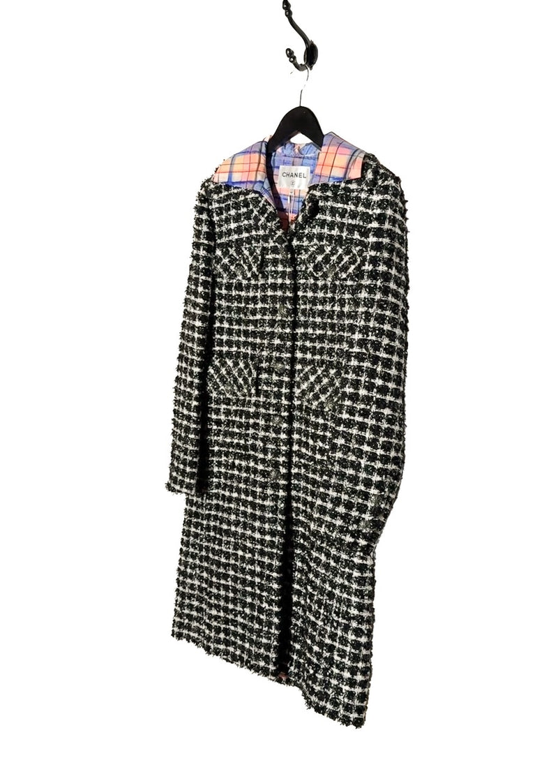 Side front view of Chanel SS20 Runway Black White Tweed Pink Accent Coat