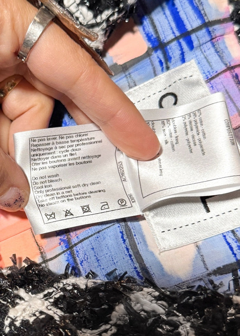 Labels of Chanel SS20 Runway Black White Tweed Pink Accent Coat