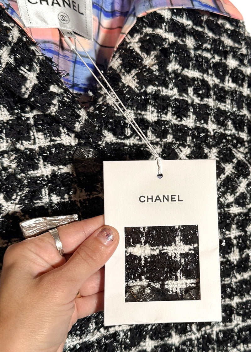 Tags of Chanel SS20 Runway Black White Tweed Pink Accent Coat