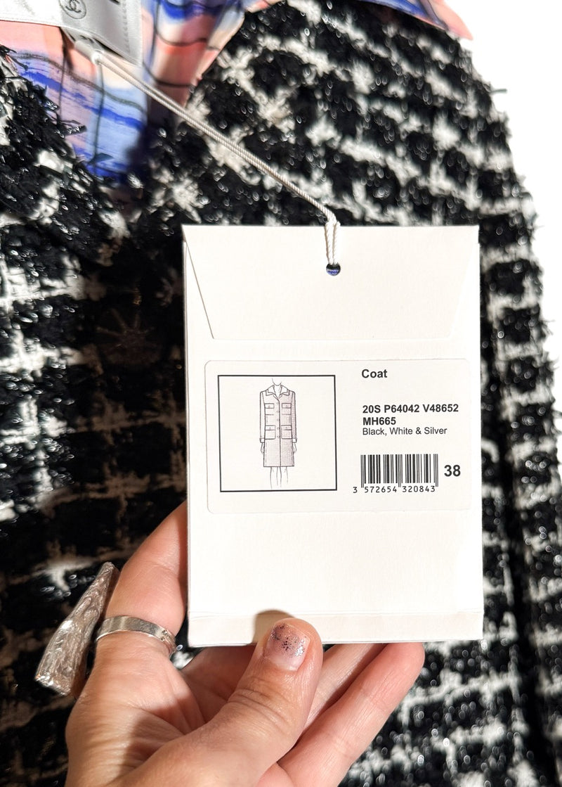 Tags of Chanel SS20 Runway Black White Tweed Pink Accent Coat