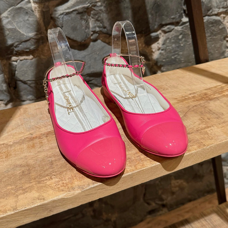 Side front view of Chanel SS22 Pink Leather Ankle Chain Charm Ballet Flat