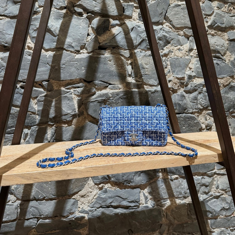 Front view of Chanel SS23 Blue White Tweed Rectangular Mini Classic Flap Bag