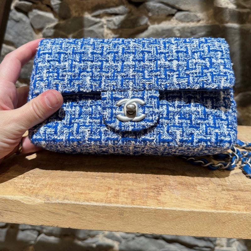 Branded Closure of Chanel SS23 Blue White Tweed Rectangular Mini Classic Flap Bag