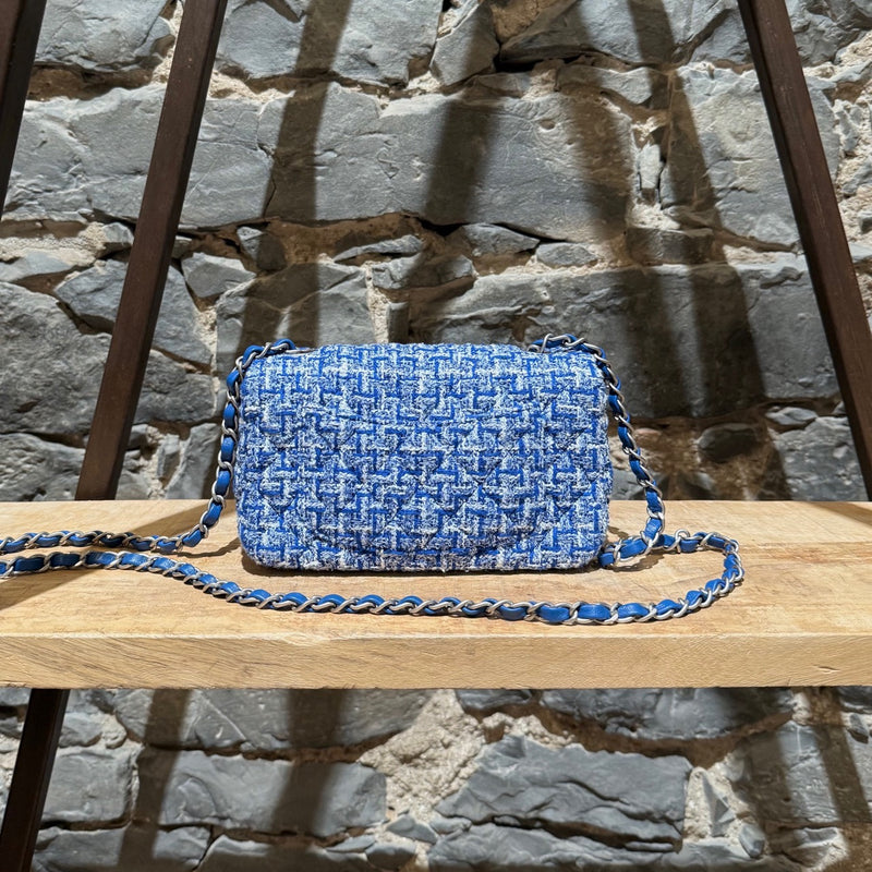 Back of Chanel SS23 Blue White Tweed Rectangular Mini Classic Flap Bag