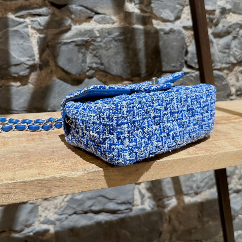 Bottom corner view of Chanel SS23 Blue White Tweed Rectangular Mini Classic Flap Bag
