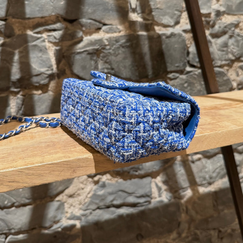 Bottom corner view of Chanel SS23 Blue White Tweed Rectangular Mini Classic Flap Bag
