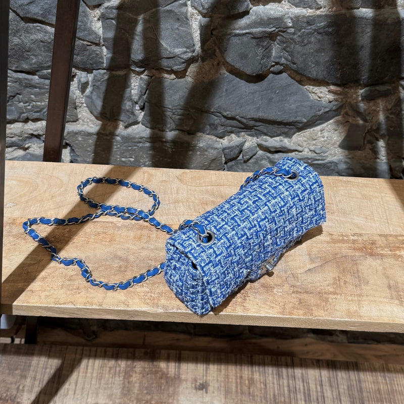 Top view of Chanel SS23 Blue White Tweed Rectangular Mini Classic Flap Bag