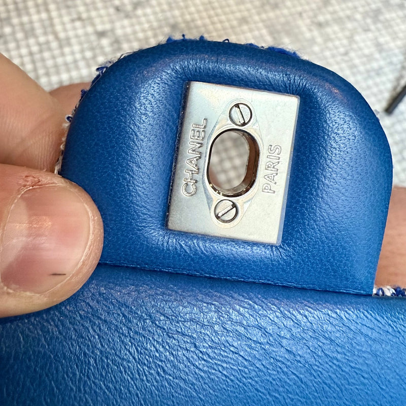 Branded hardware of Chanel SS23 Blue White Tweed Rectangular Mini Classic Flap Bag