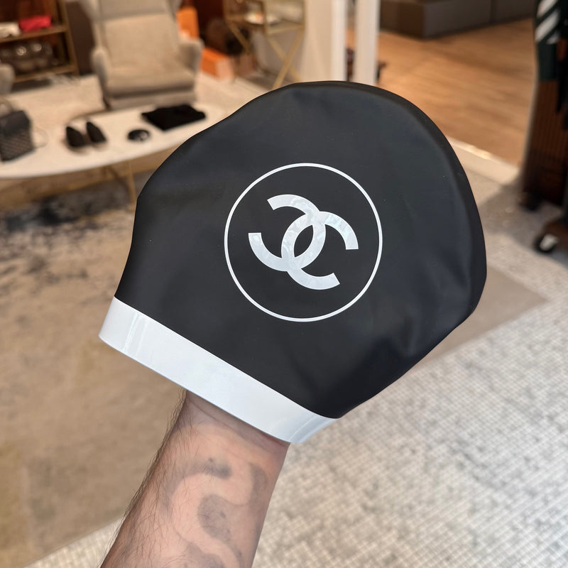 Black one front view (Chanel SS24 Set of 2 Black White CC Silicone Swim Caps)