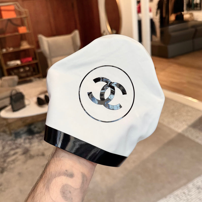 White one front view (Chanel SS24 Set of 2 Black White CC Silicone Swim Caps)